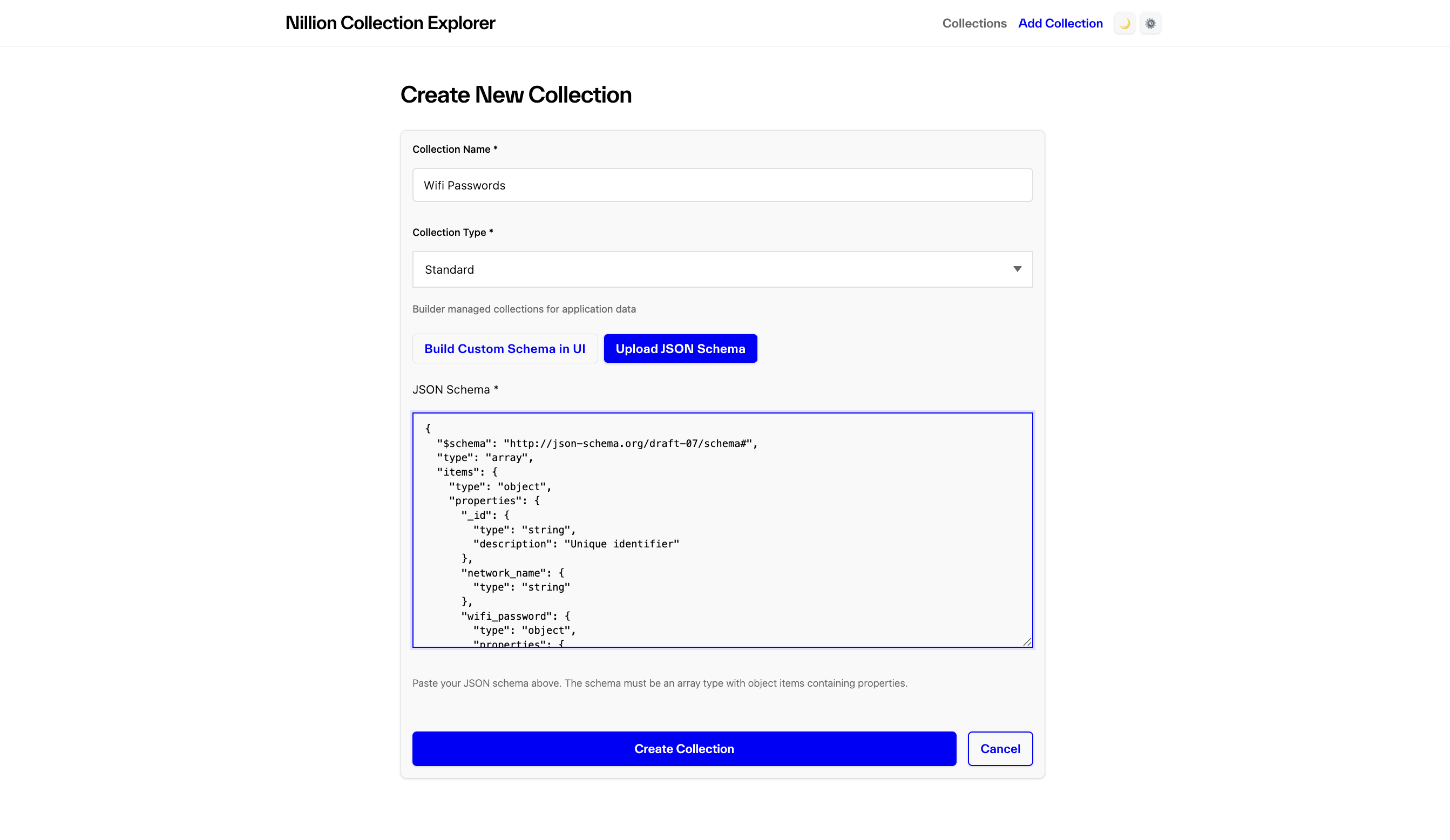 Create Collection by uploading json